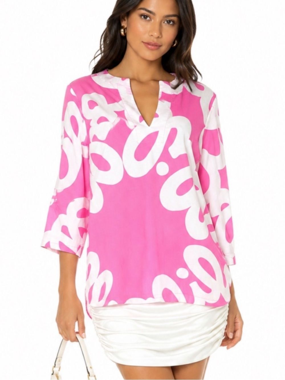 VINTAGE LILLY PULITZER Cotton Pink and White Printed V-Neck Tunic Top - Women